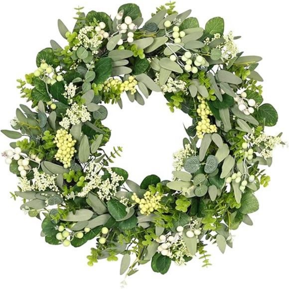 Green Eucalyptus Leaf Wreath, 24 Inch Artificial Spring Summer Wreaths - Picture 6 of 7